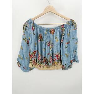 Blue Rain Top Women SMALL Blue Floral Print Long Sleeve Off The Shoulder Smocked